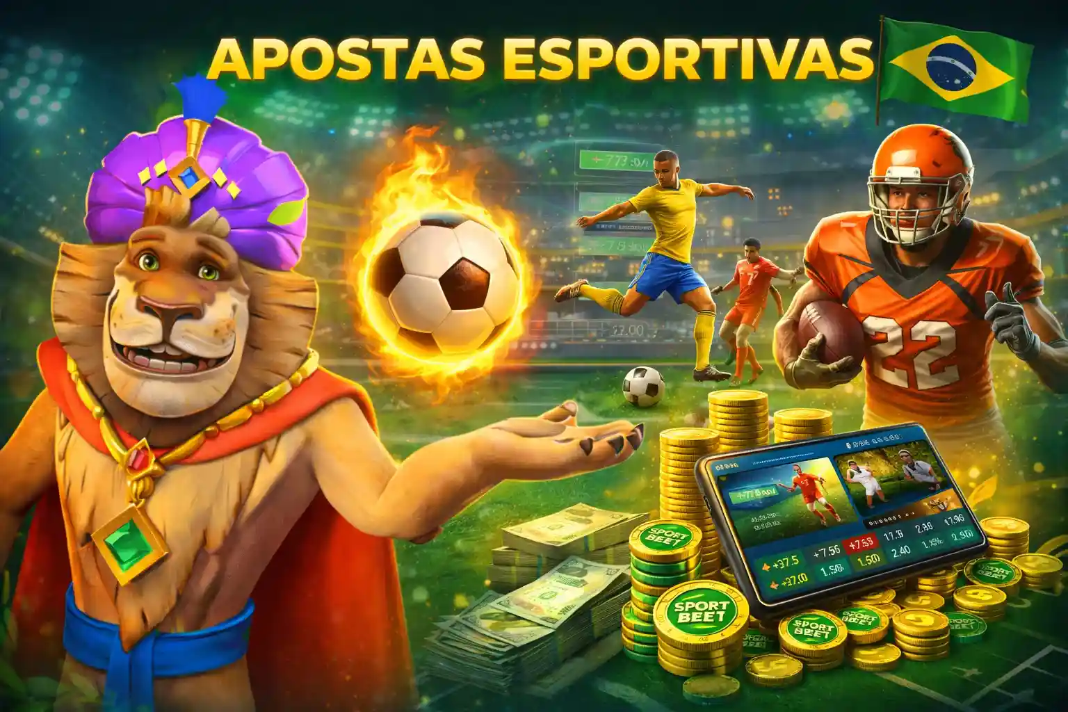 Futebol ao vivo com bola em chamas, atletas e apostas no tablet