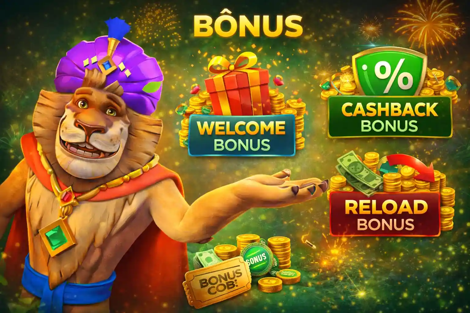 Welcome bonus, cashback e reload bonus com presentes e moedas
