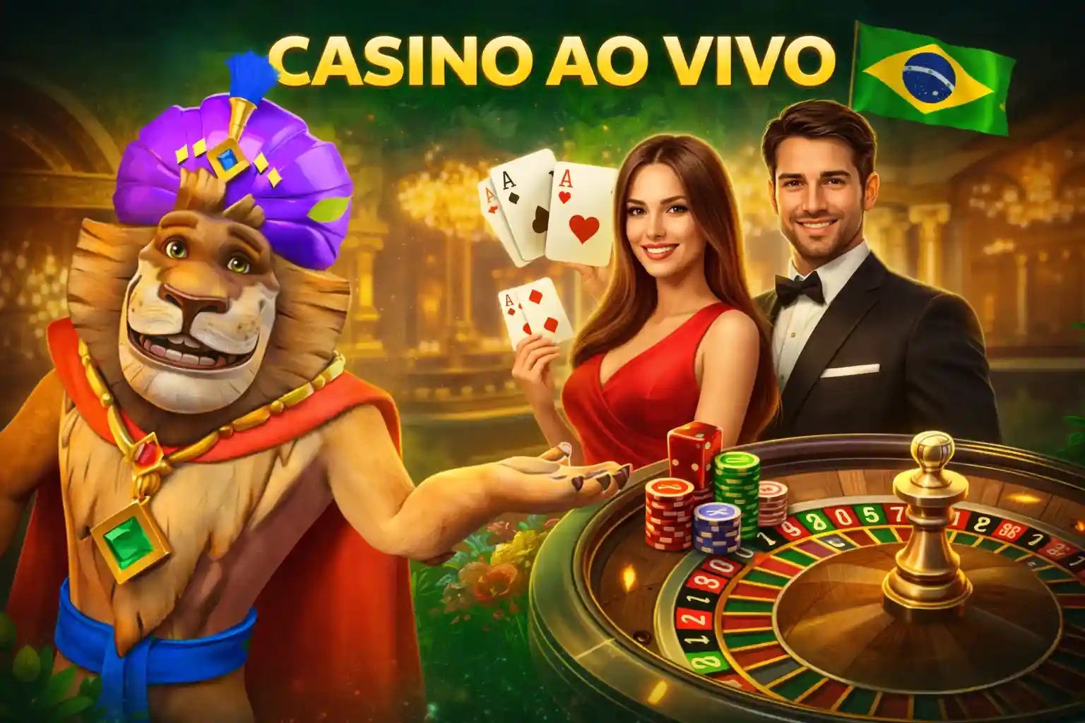Dealer ao vivo com roleta, cartas e fichas em ambiente de cassino