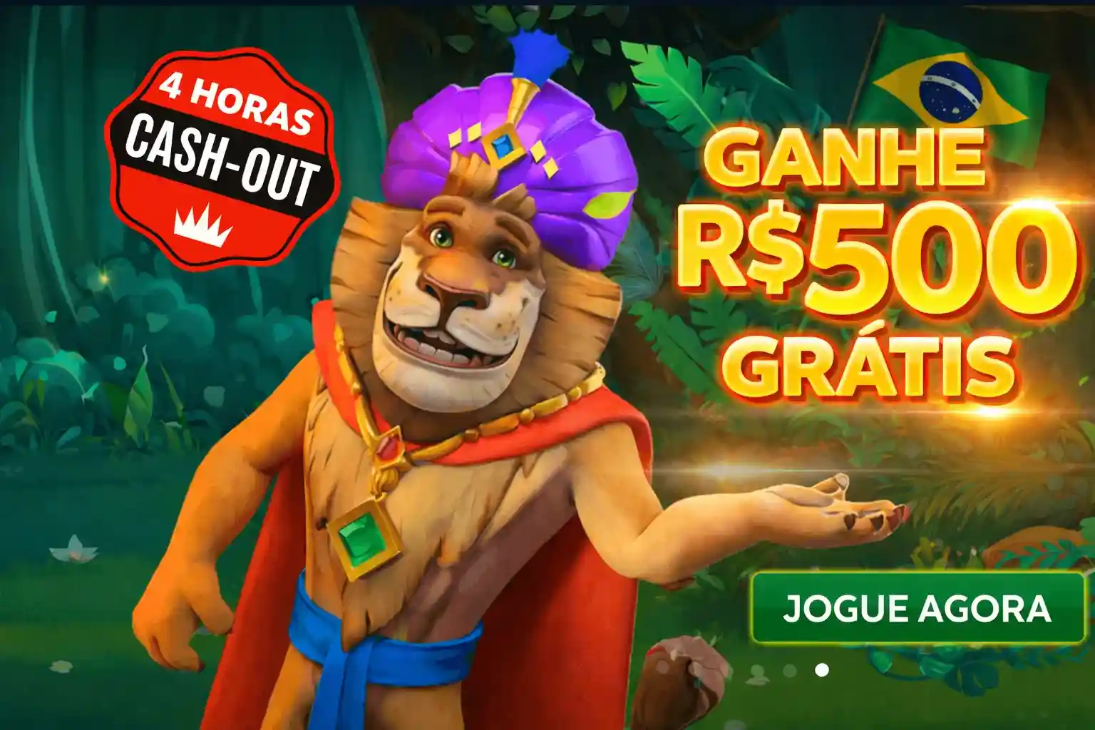 Leão animado oferecendo bônus grátis com destaque para cash-out rápido